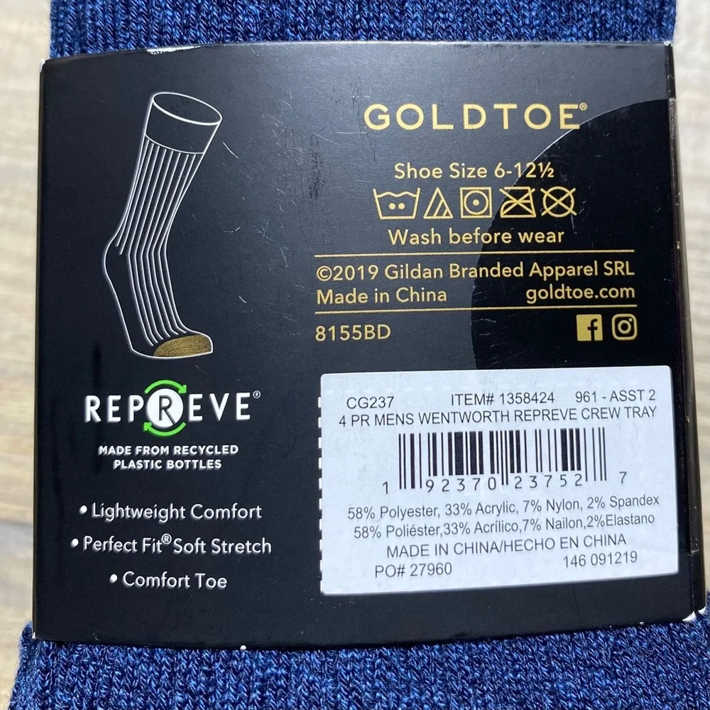 Wentworth‎ Goldtoe Mens Repreve Crew Socks 4-Pack Shoe Size 6 - 12 1/2